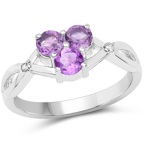 Amethyst-0.73 Carat Genuine Amethyst and White Diamond .925 Sterling Silver Ring