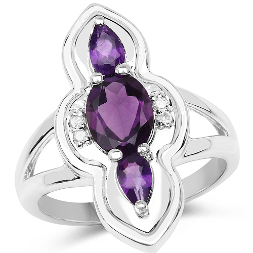 Amethyst-1.58 Carat Genuine Amethyst and White Diamond .925 Sterling Silver Ring