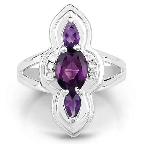 1.58 Carat Genuine Amethyst and White Diamond .925 Sterling Silver Ring