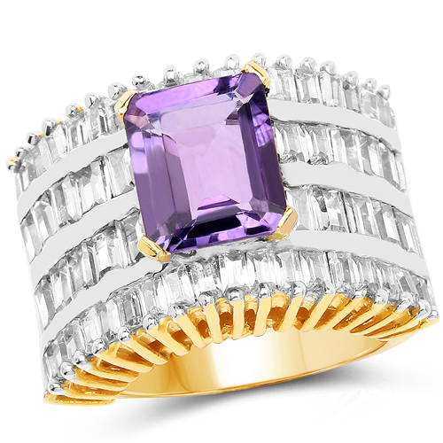 Amethyst-14K Yellow Gold Plated 5.15 Carat Amethyst and White Cubic Zircon Brass Ring
