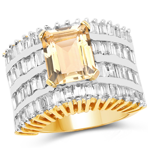 Citrine-14K Yellow Gold Plated 5.25 Carat Citrine and White Cubic Zircon Brass Ring