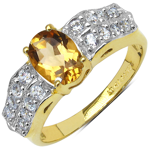 Citrine-14K Yellow Gold Plated 2.32 Carat  Citrine and White Cubic Zircon Brass Ring