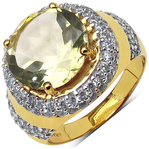 Rings-14K Yellow Gold Plated 6.57 Carat Lemon Quartz and White Cubic Zircon Brass Ring