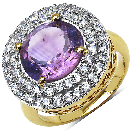 Amethyst-14K Yellow Gold Plated 4.75 Carat  Amethyst and White Cubic Zircon Brass Ring