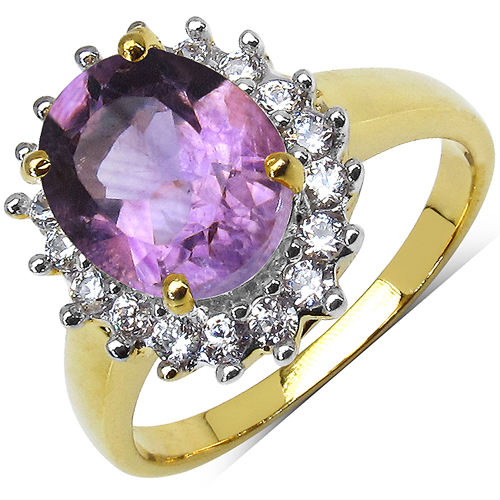 Amethyst-14K Yellow Gold Plated 3.04 Carat  Amethyst and White Cubic Zircon Brass Ring