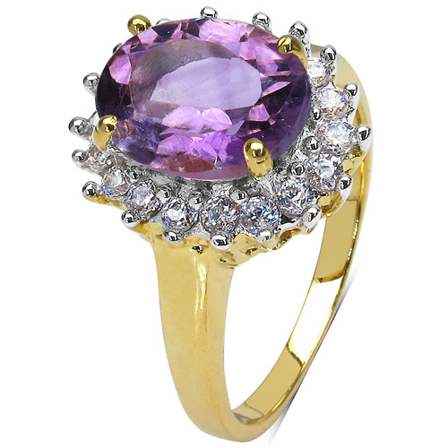 14K Yellow Gold Plated 3.04 Carat  Amethyst and White Cubic Zircon Brass Ring