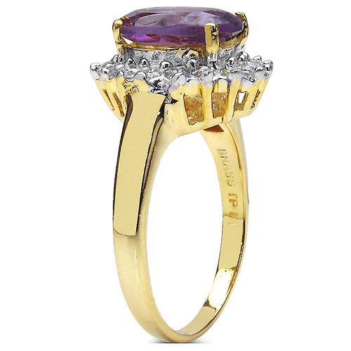 14K Yellow Gold Plated 3.04 Carat  Amethyst and White Cubic Zircon Brass Ring