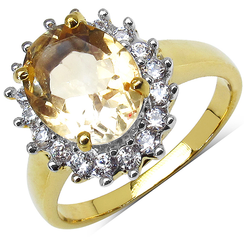 Citrine-14K Yellow Gold Plated 3.04 Carat  Citrine and White Cubic Zircon Brass Ring