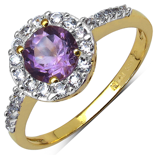 Amethyst-14K Yellow Gold Plated 1.15 Carat  Amethyst and White Cubic Zircon Brass Ring