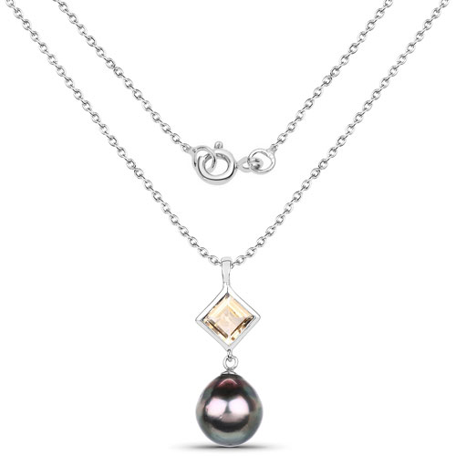 1.65 Carat Genuine Citrine and Tahitian Cultured Pearl .925 Sterling Silver Pendant