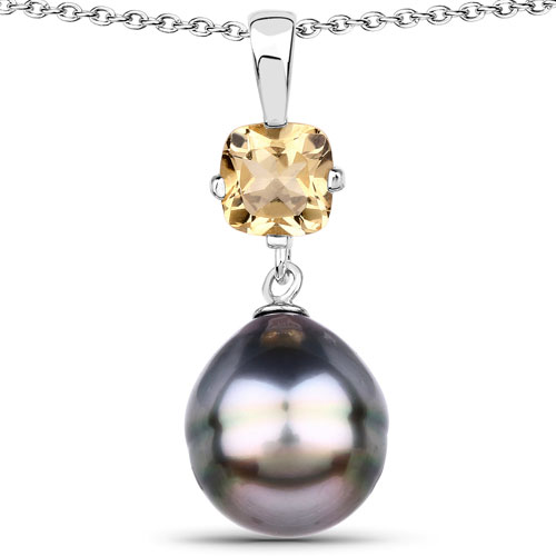 Citrine-0.92 Carat Genuine Citrine and Tahitian Cultured Pearl .925 Sterling Silver Pendant