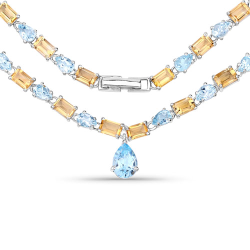 Necklaces-36.92 Carat Genuine Blue Topaz and Citrine .925 Sterling Silver Necklace