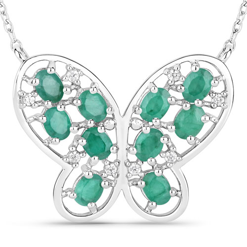 Emerald-1.56 Carat Genuine Emerald and White Zircon .925 Sterling Silver Necklace