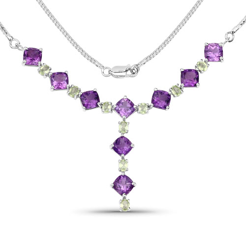 Amethyst-8.28 Carat Genuine Amethyst and Peridot .925 Sterling Silver Necklace