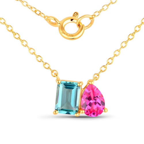 Necklaces-1.82 Carat Created Aquamarine and Created Pink Sapphire .925 Sterling Silver Necklace
