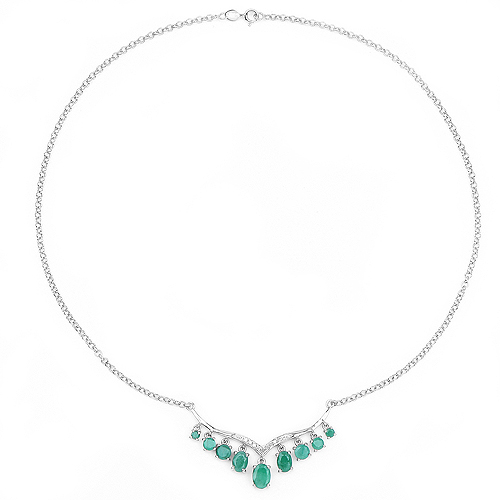 3.98 Carat Genuine Emerald and White Diamond .925 Sterling Silver Necklace
