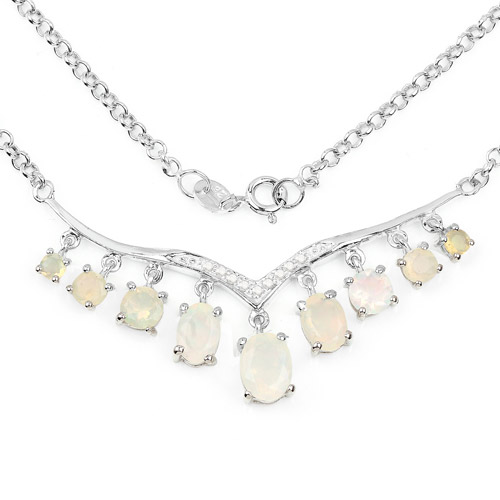 Necklaces-2.35 Carat Genuine Ethiopian Opal and White Diamond .925 Sterling Silver Necklace