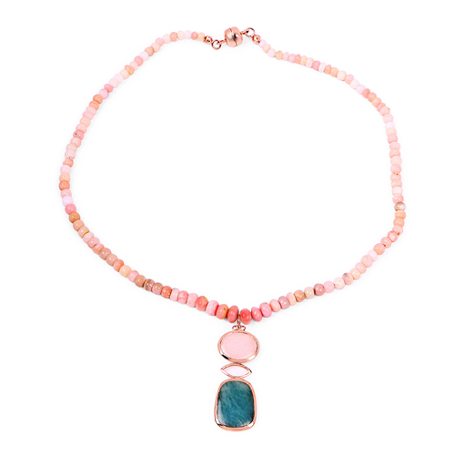 14K Rose Gold Plated 92.39 Carat Genuine Milky Aquamarine & Pink Opal .925 Sterling Silver Necklace