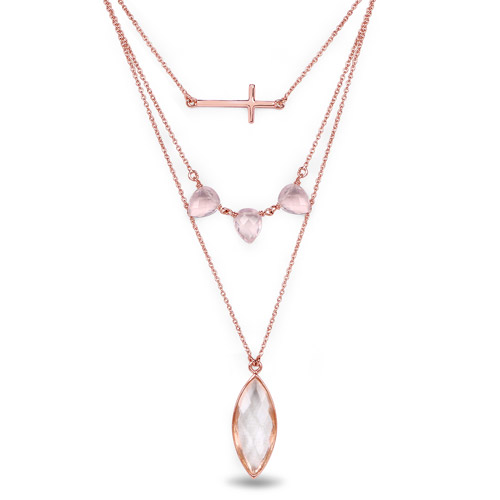 Necklaces-14K Rose Gold Plated 10.62 Carat Genuine Crystal Quartz and Rose Quartz .925 Sterling Silver Necklace