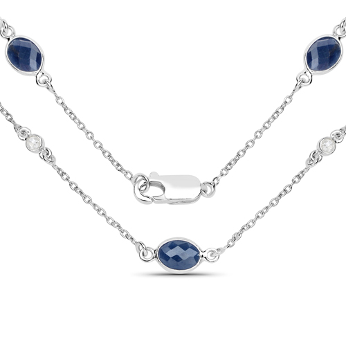 6.43 Carat Genuine Blue Sapphire and White Diamond .925 Sterling Silver Necklace