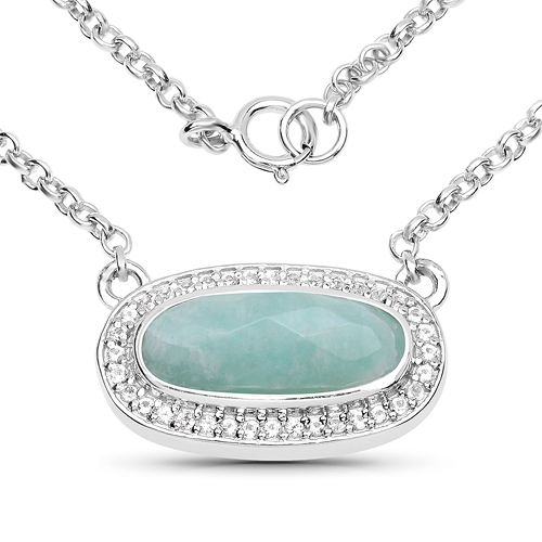 Necklaces-2.60 Carat Genuine Amazonite and White Topaz .925 Sterling Silver Necklace