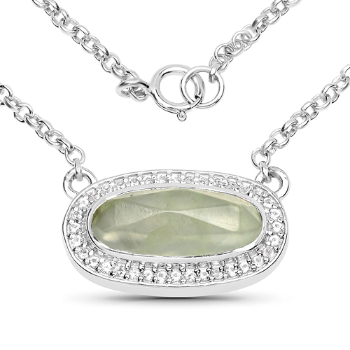 Necklaces-2.68 Carat Genuine Prehnite and White Topaz .925 Sterling Silver Necklace