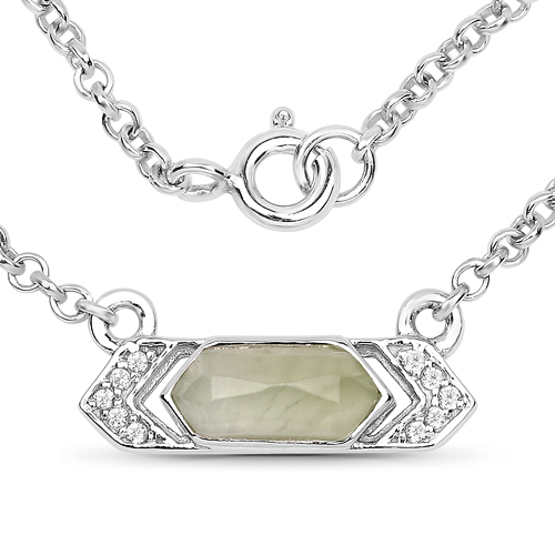 Necklaces-0.90 Carat Genuine Prehnite and White Topaz .925 Sterling Silver Necklace