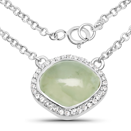 Necklaces-4.51 Carat Genuine Prehnite and White Topaz .925 Sterling Silver Necklace