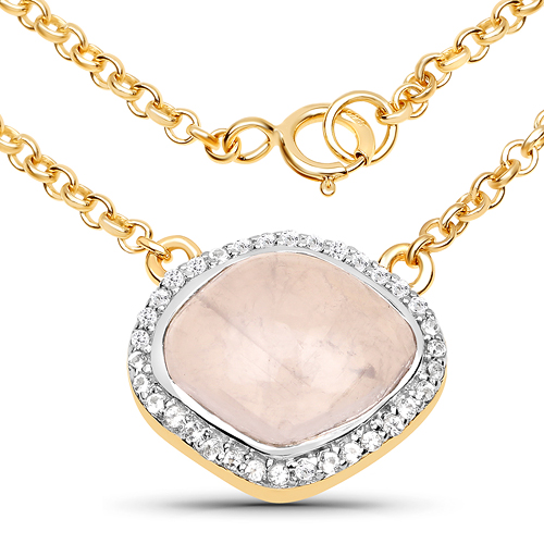 Necklaces-18K Yellow Gold Plated 4.48 Carat Genuine Rose Quartz and White Topaz .925 Sterling Silver Necklace