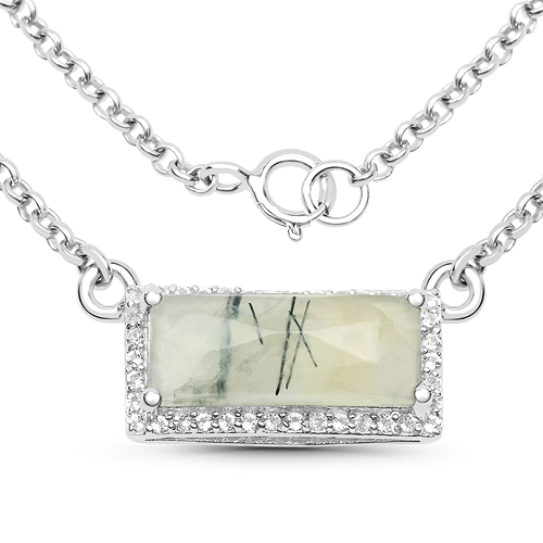 Necklaces-3.57 Carat Genuine Prehnite and White Topaz .925 Sterling Silver Necklace