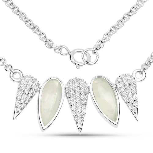 Necklaces-2.14 Carat Genuine Prehnite and White Topaz .925 Sterling Silver Necklace