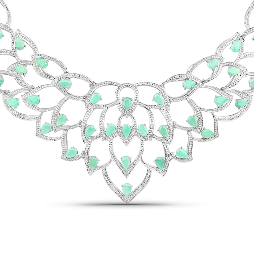 Emerald-25.66 Carat Genuine Emerald and White Diamond .925 Sterling Silver Necklace