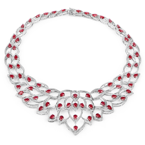31.10 Carat Genuine Glass Filled Ruby and White Diamond .925 Sterling Silver Necklace