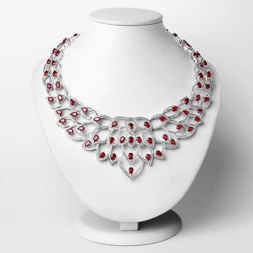 31.10 Carat Genuine Glass Filled Ruby and White Diamond .925 Sterling Silver Necklace
