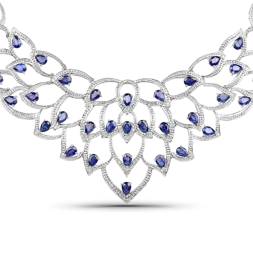 Sapphire-31.10 Carat Genuine Glass Filled Sapphire and White Diamond .925 Sterling Silver Necklace