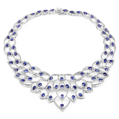 31.10 Carat Genuine Glass Filled Sapphire and White Diamond .925 Sterling Silver Necklace