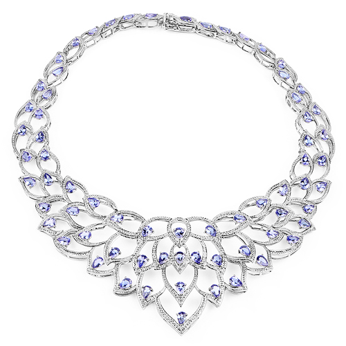 25.66 Carat Genuine Tanzanite and White Diamond .925 Sterling Silver Necklace