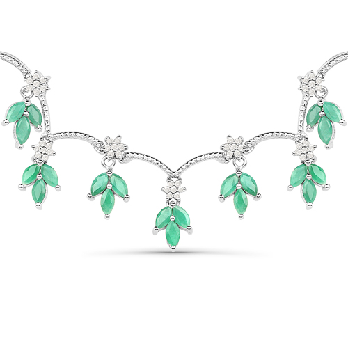 Emerald-9.75 Carat Genuine Emerald and White Diamond .925 Sterling Silver Necklace
