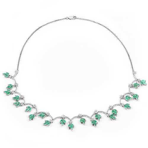 9.75 Carat Genuine Emerald and White Diamond .925 Sterling Silver Necklace