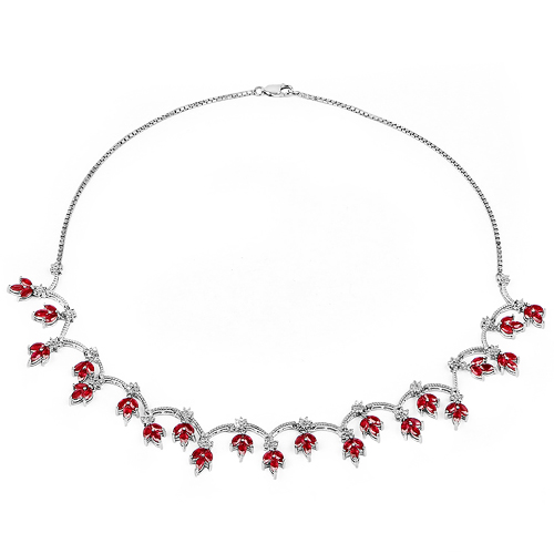 12.27 Carat Genuine Glass Filled Ruby and White Diamond .925 Sterling Silver Necklace