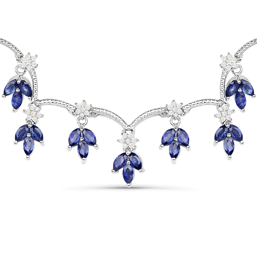 Sapphire-13.53 Carat Genuine Glass Filled Sapphire and White Diamond .925 Sterling Silver Necklace