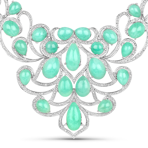 Emerald-110.54 Carat Genuine Emerald and White Diamond .925 Sterling Silver Necklace