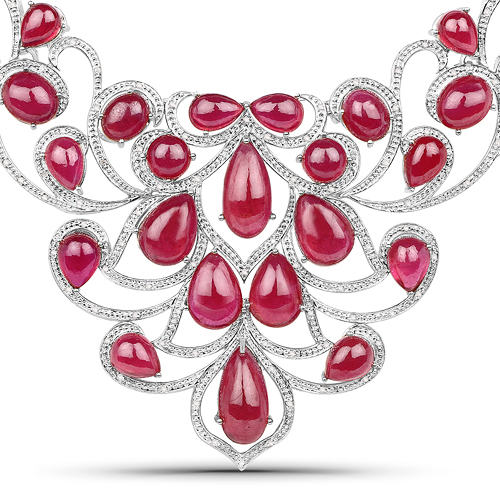 Ruby-160.14 Carat Glass Filled Ruby and White Diamond .925 Sterling Silver Necklace