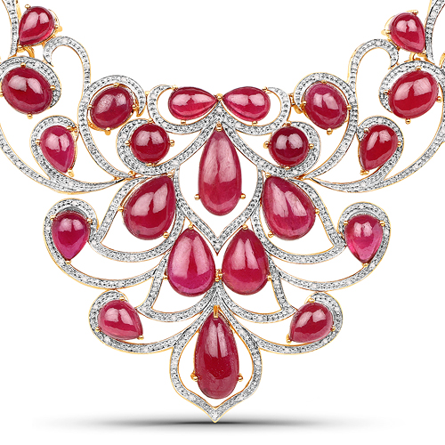 Ruby-160.14 Carat Glass Filled Ruby and White Diamond .925 Sterling Silver Necklace