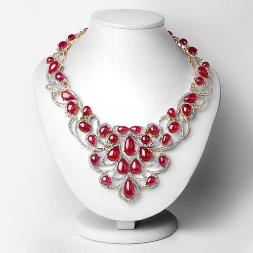 160.14 Carat Glass Filled Ruby and White Diamond .925 Sterling Silver Necklace
