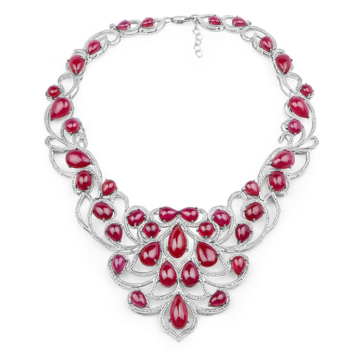 160.14 Carat Glass Filled Ruby and White Diamond .925 Sterling Silver Necklace