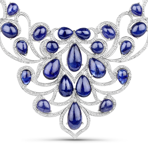 Sapphire-161.28 Carat Glass Filled Sapphire and White Diamond .925 Sterling Silver Necklace