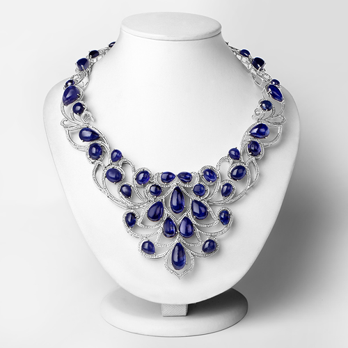 161.28 Carat Glass Filled Sapphire and White Diamond .925 Sterling Silver Necklace