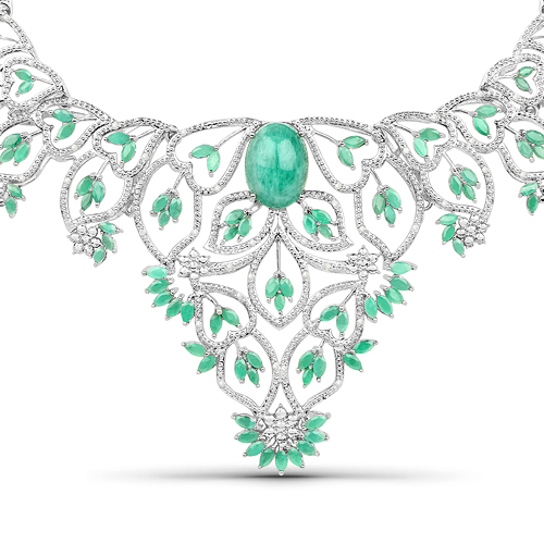Emerald-27.97 Carat Genuine Emerald and White Diamond .925 Sterling Silver Necklace
