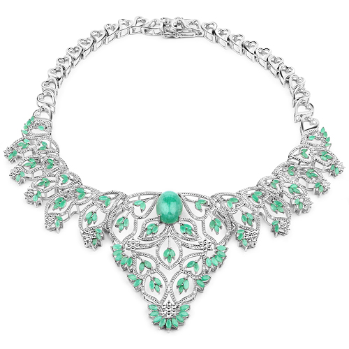 27.97 Carat Genuine Emerald and White Diamond .925 Sterling Silver Necklace